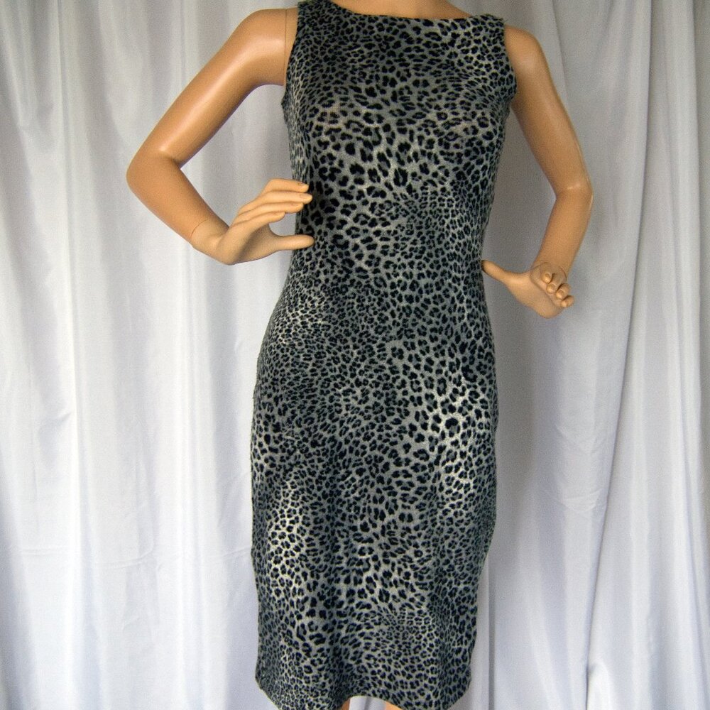 Grey Leopard Knit Dress with Boat Neck Knee Length Exposed Zipper Size Small